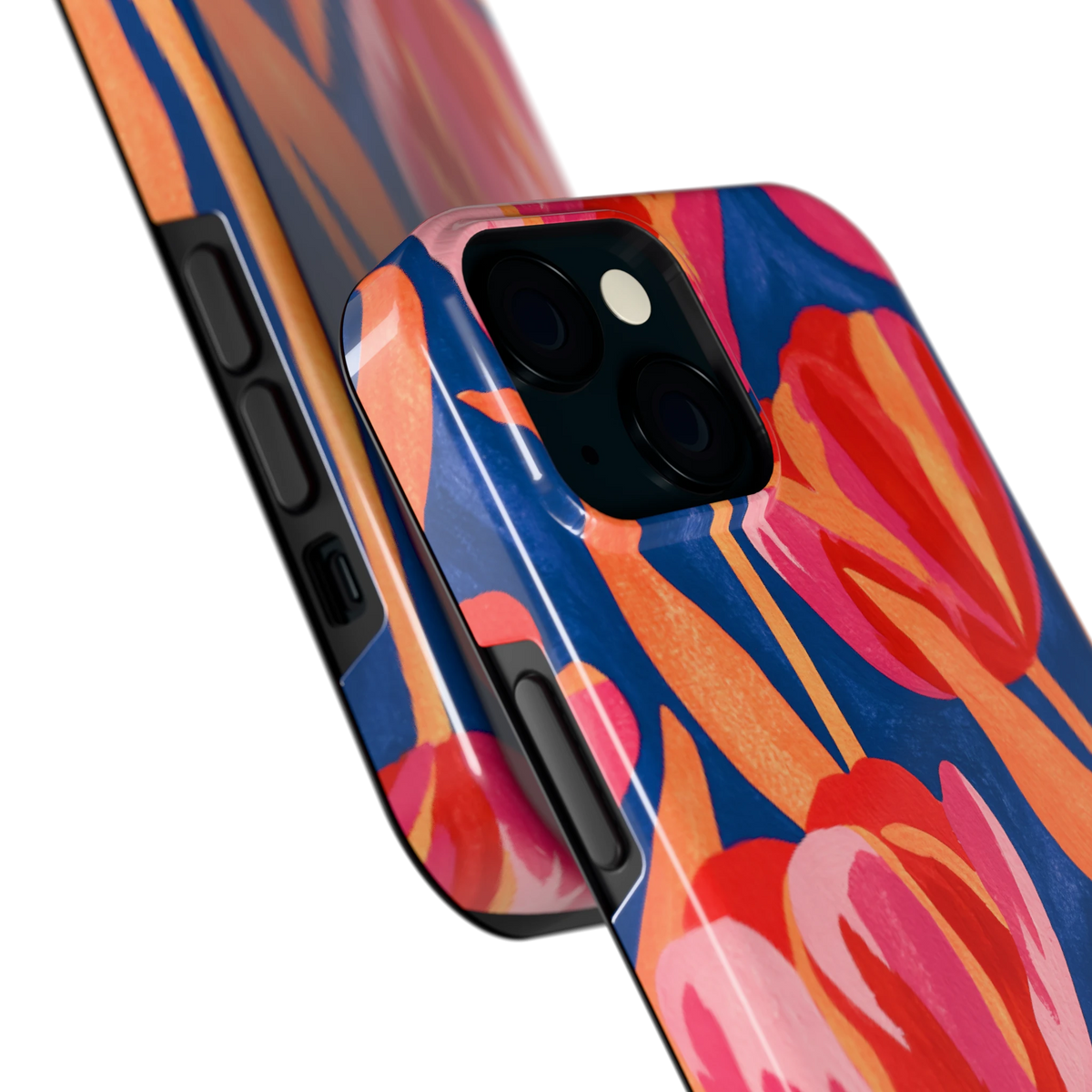 Geschilderde tulpen hoesje voor iPhone 15, close-up