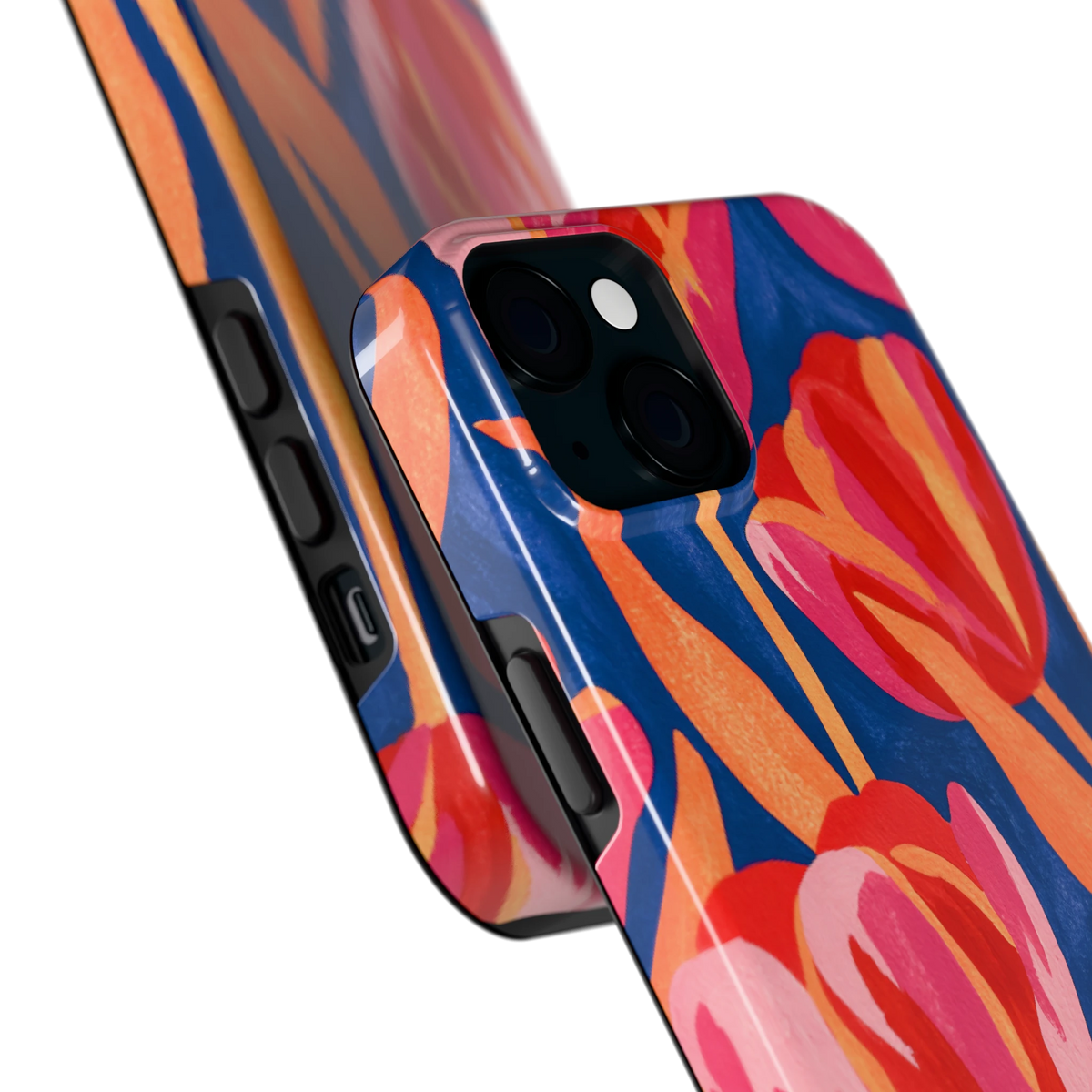 Geschilderde tulpen hoesje voor iPhone 15 Plus, close-up