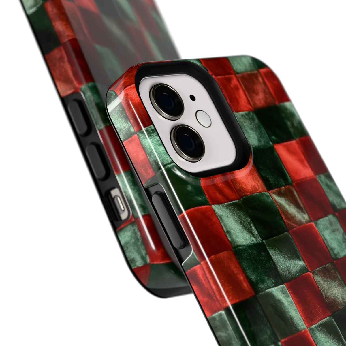 Patchwork met fluweellook hoesje voor iPhone 12, close-up