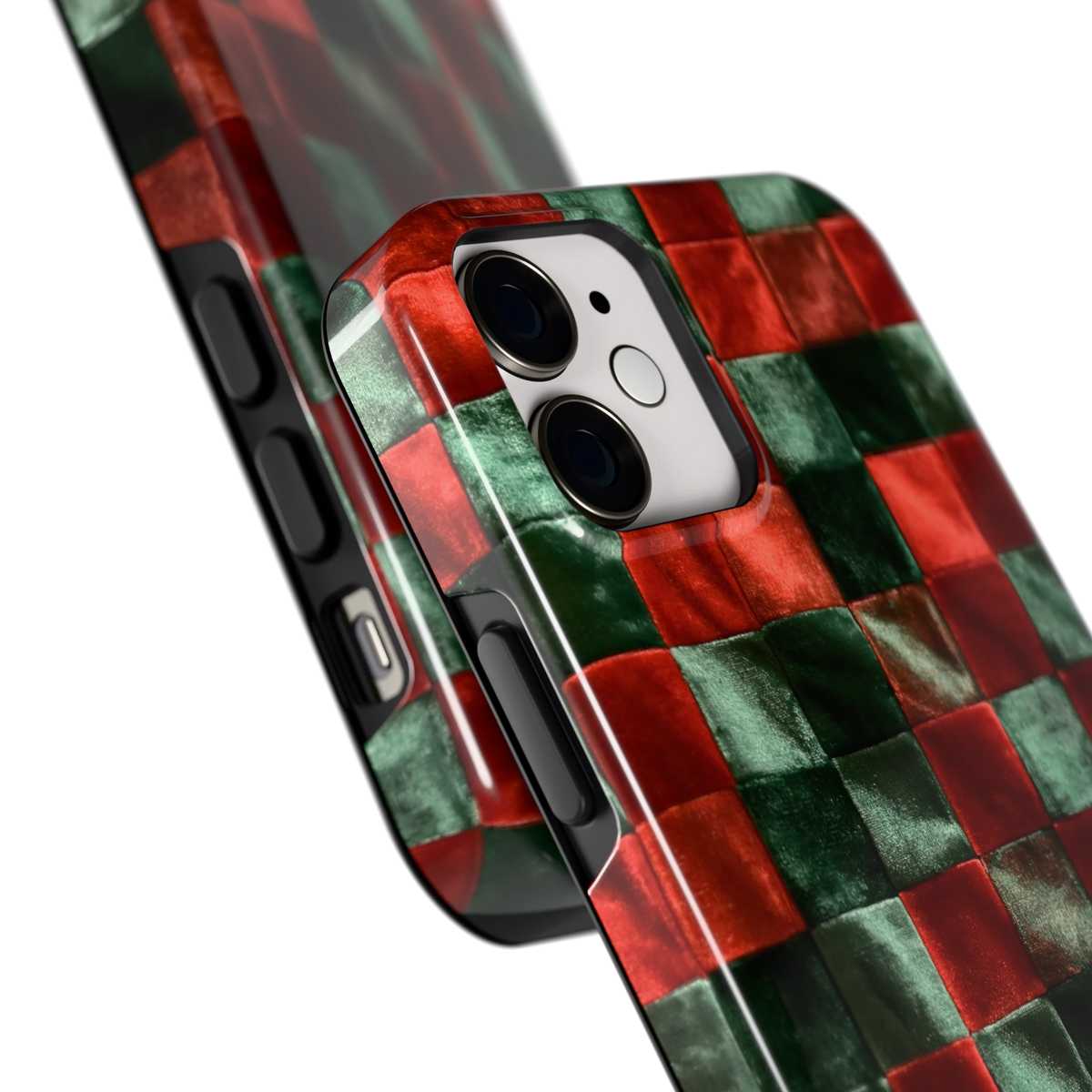 Patchwork met fluweellook hoesje voor iPhone 12 mini, close-up