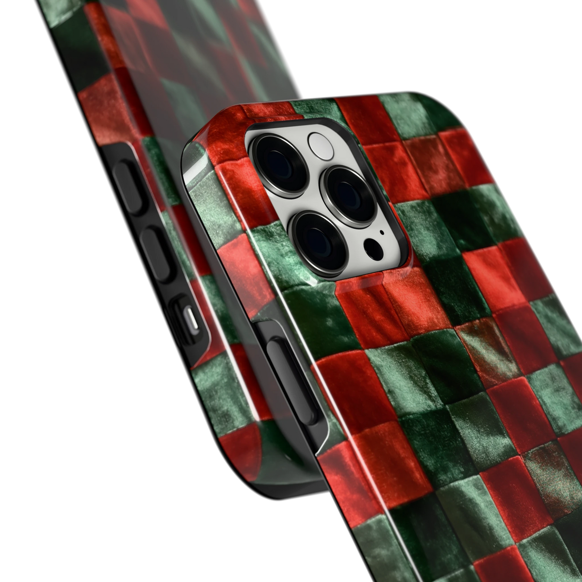 Patchwork met fluweellook hoesje voor iPhone 12 Pro Max, close-up