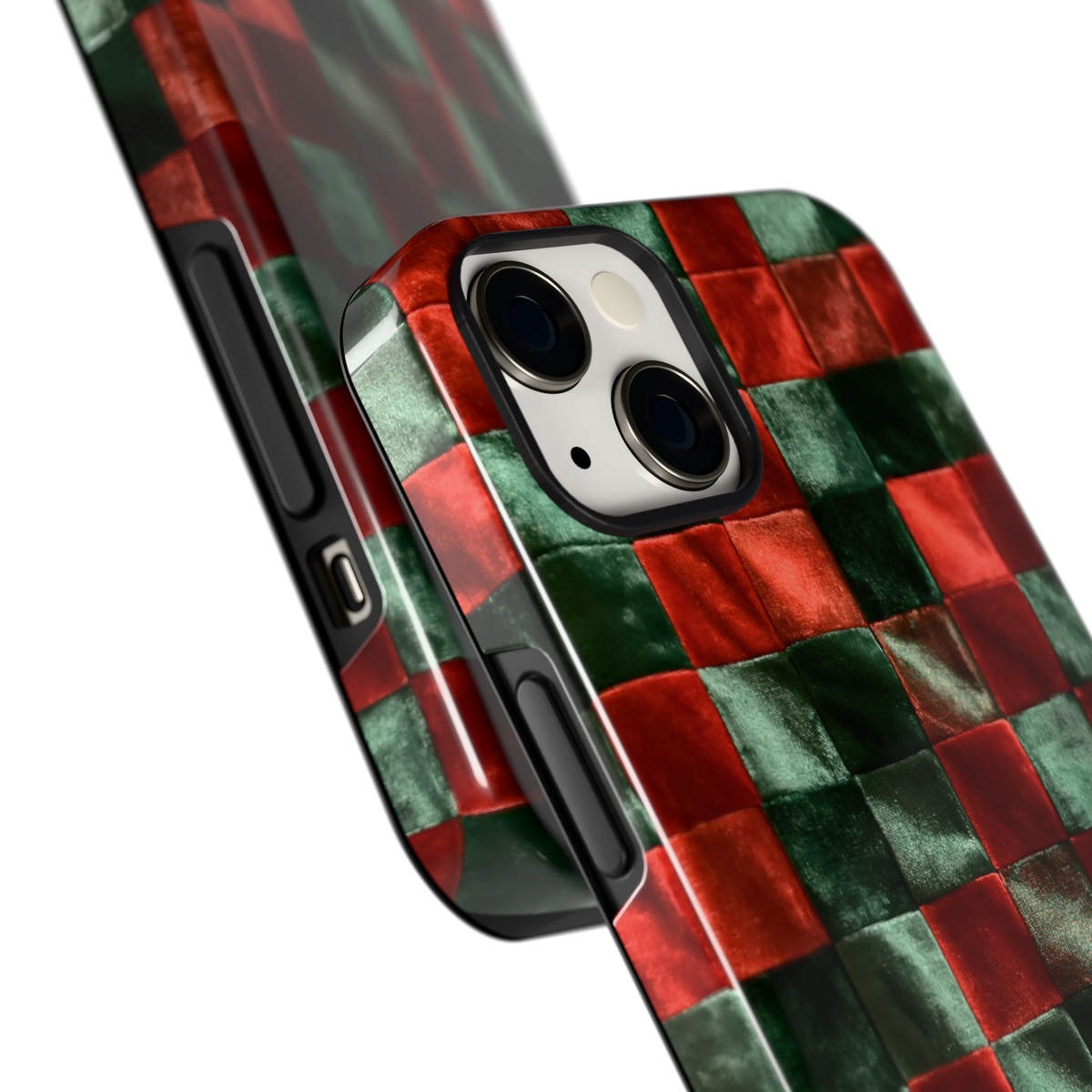 Patchwork met fluweellook hoesje voor iPhone 13, close-up