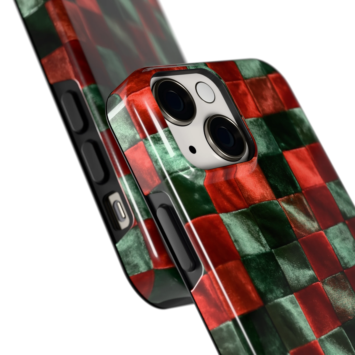 Patchwork met fluweellook hoesje voor iPhone 13 mini, close-up