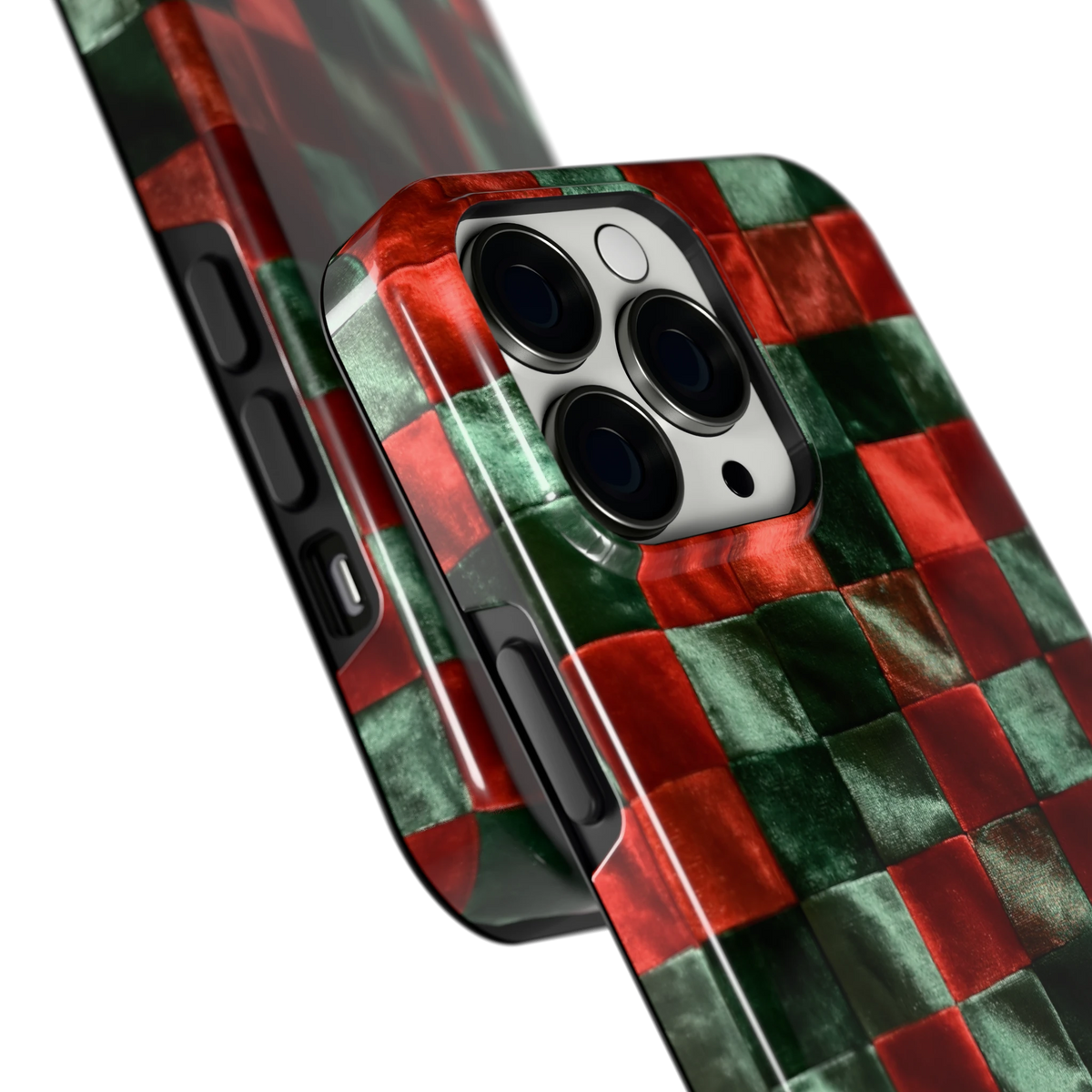 Patchwork met fluweellook hoesje voor iPhone 13 Pro, close-up