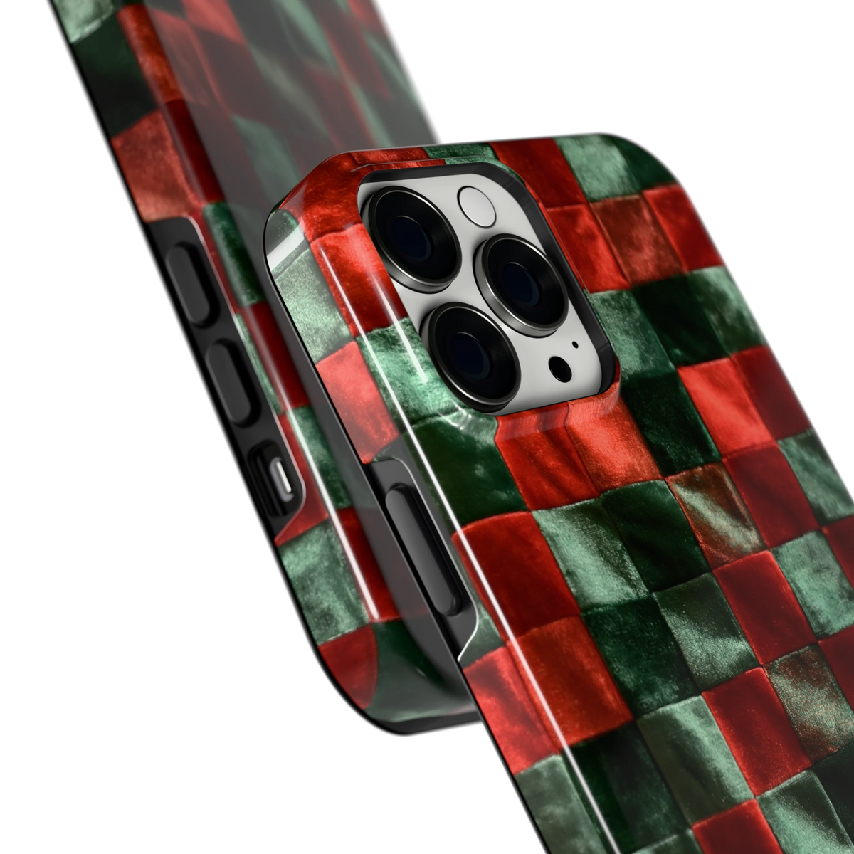 Patchwork met fluweellook hoesje voor iPhone 13 Pro Max, close-up
