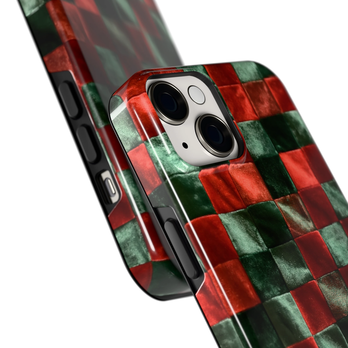 Patchwork met fluweellook hoesje voor iPhone 14, close-up