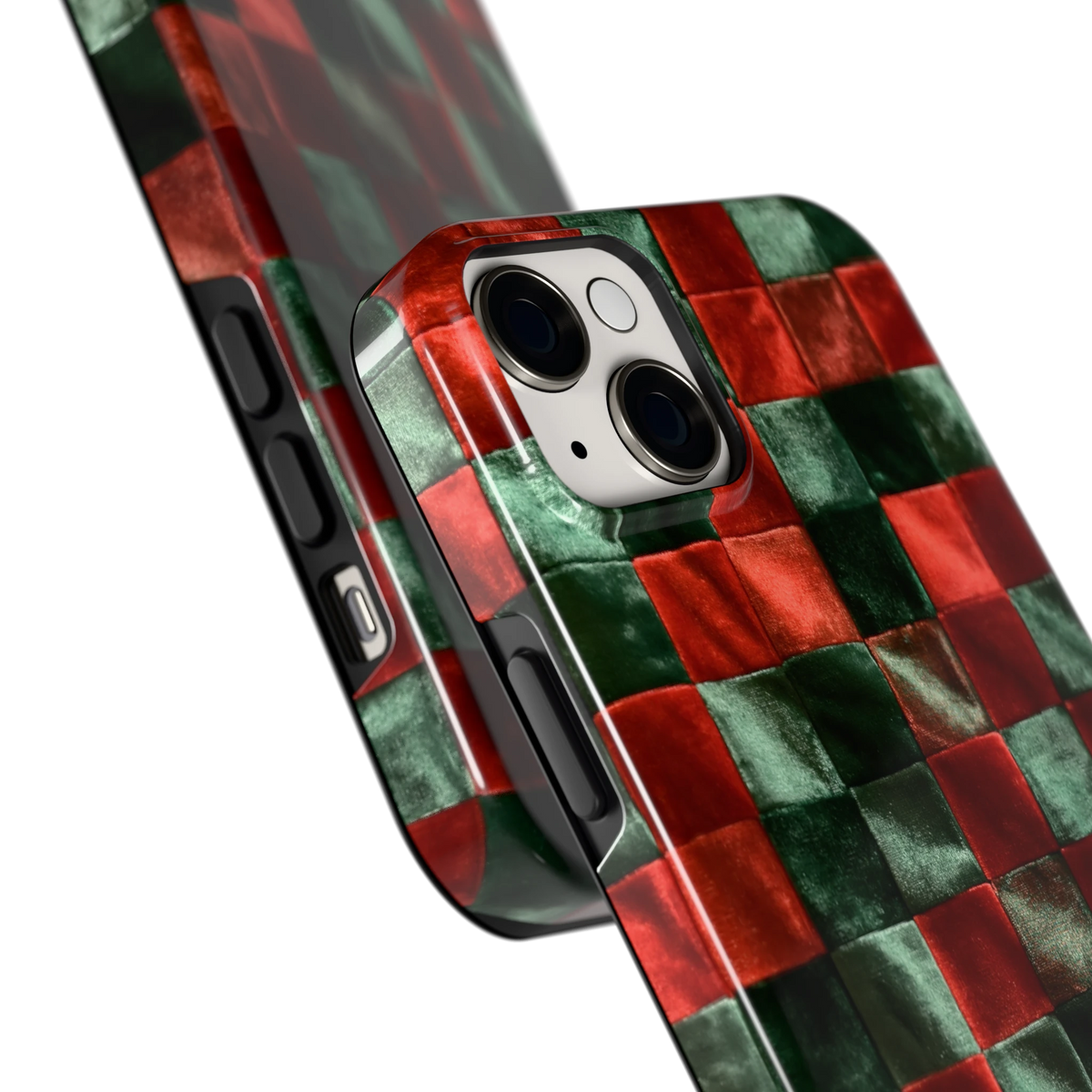 Patchwork met fluweellook hoesje voor iPhone 14 Plus, close-up