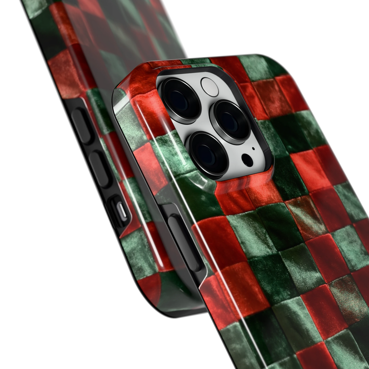 Patchwork met fluweellook hoesje voor iPhone 14 Pro Max, close-up