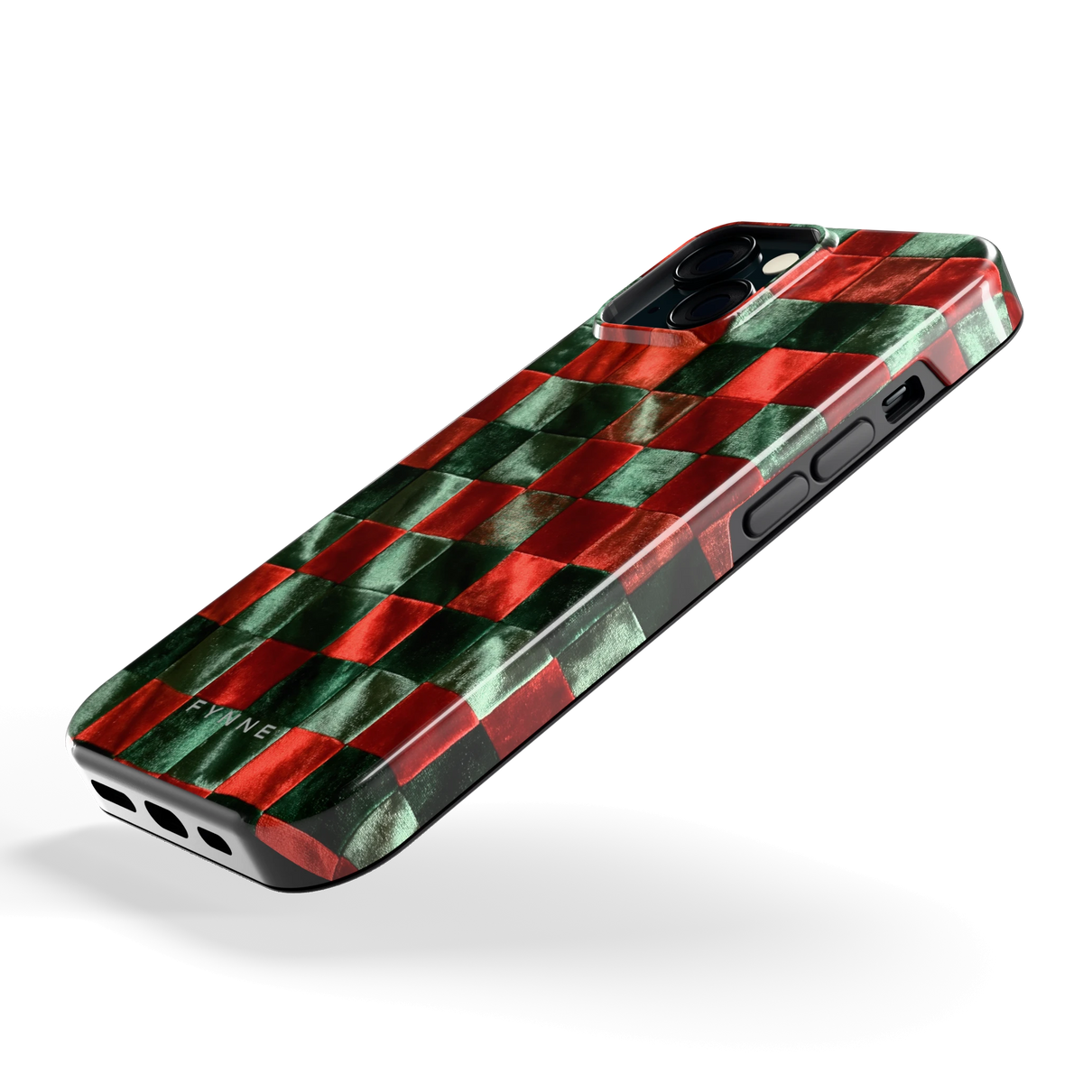Patchwork met fluweellook hoesje voor iPhone 15, schuin