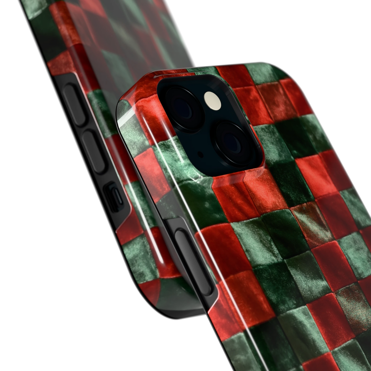 Patchwork met fluweellook hoesje voor iPhone 15, close-up
