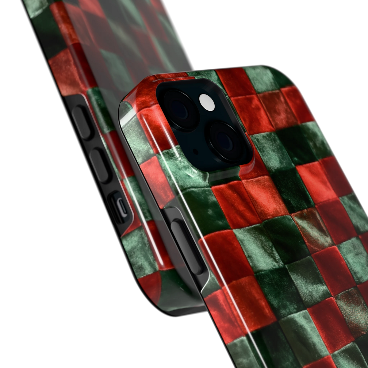 Patchwork met fluweellook hoesje voor iPhone 15 Plus, close-up