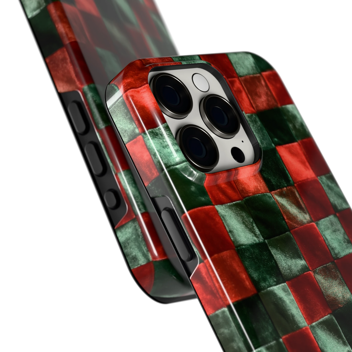 Patchwork met fluweellook hoesje voor iPhone 15 Pro Max, close-up