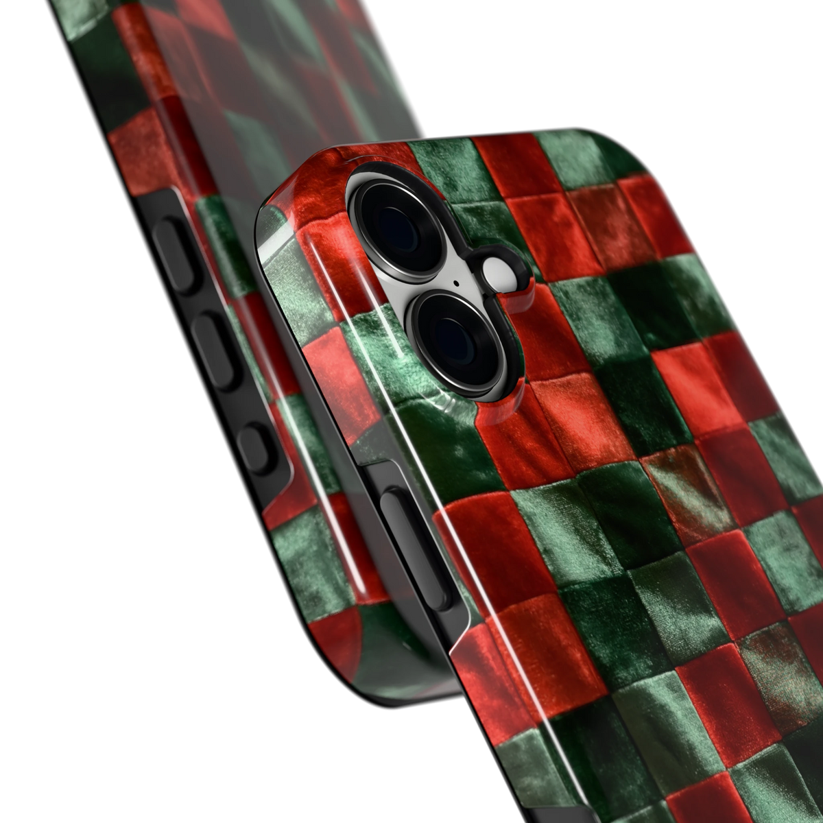 Patchwork met fluweellook hoesje voor iPhone 16 Plus, close-up