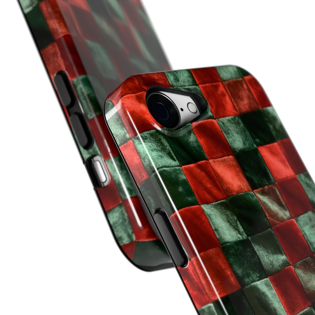 Patchwork met fluweellook hoesje voor iPhone 16e, close-up