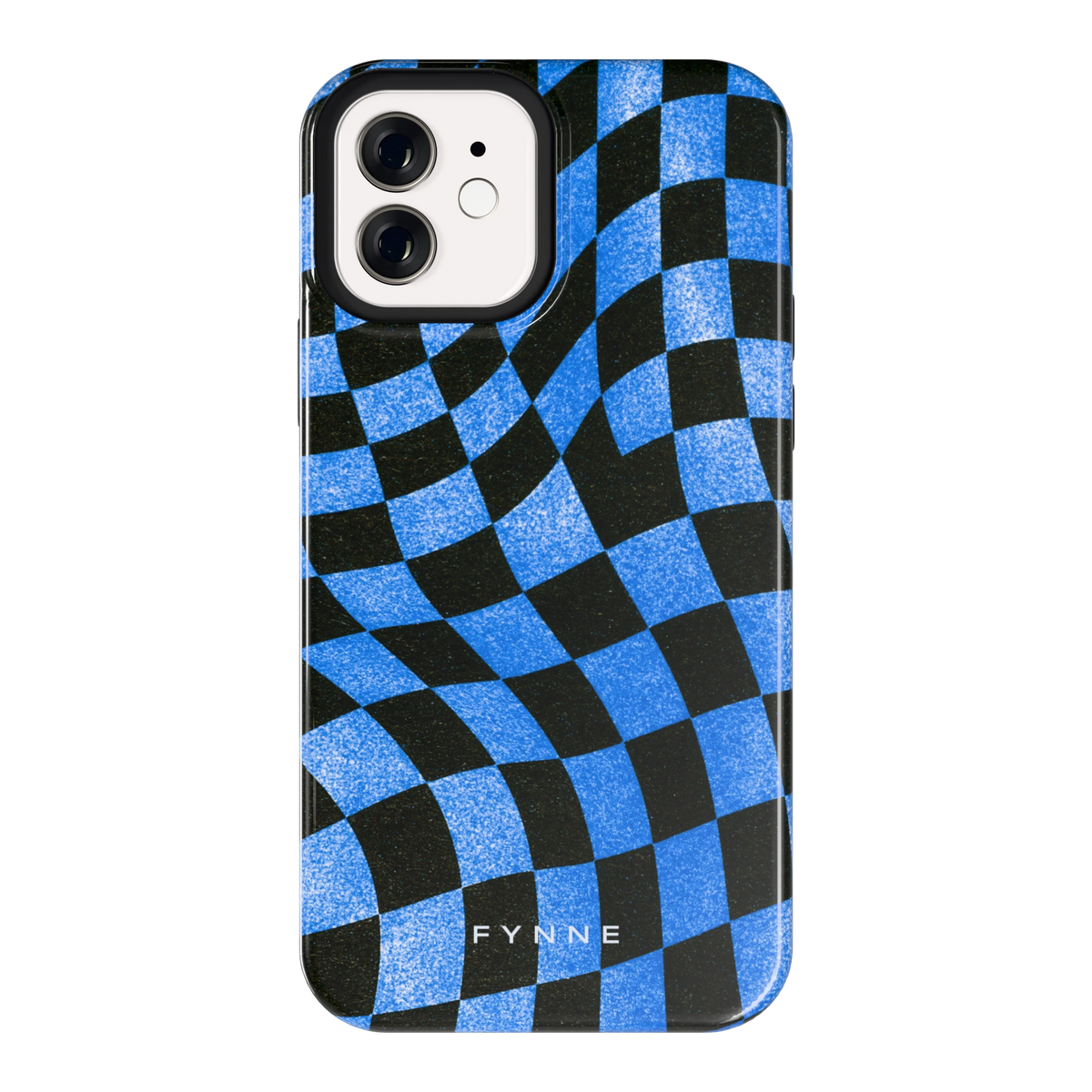 Golvend blauw dambord hoesje voor iPhone 12, achterkant