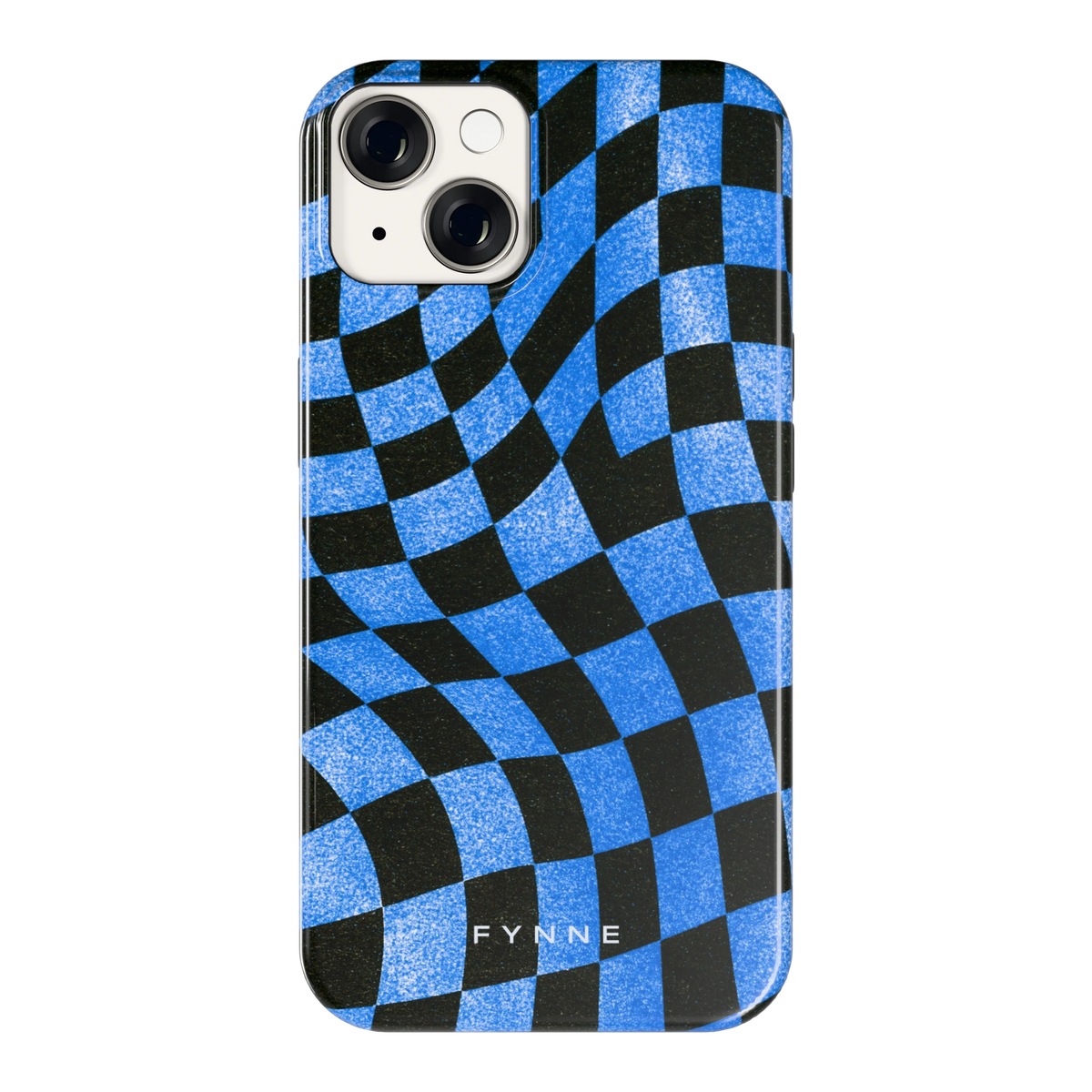 Golvend blauw dambord hoesje voor iPhone 14, achterkant