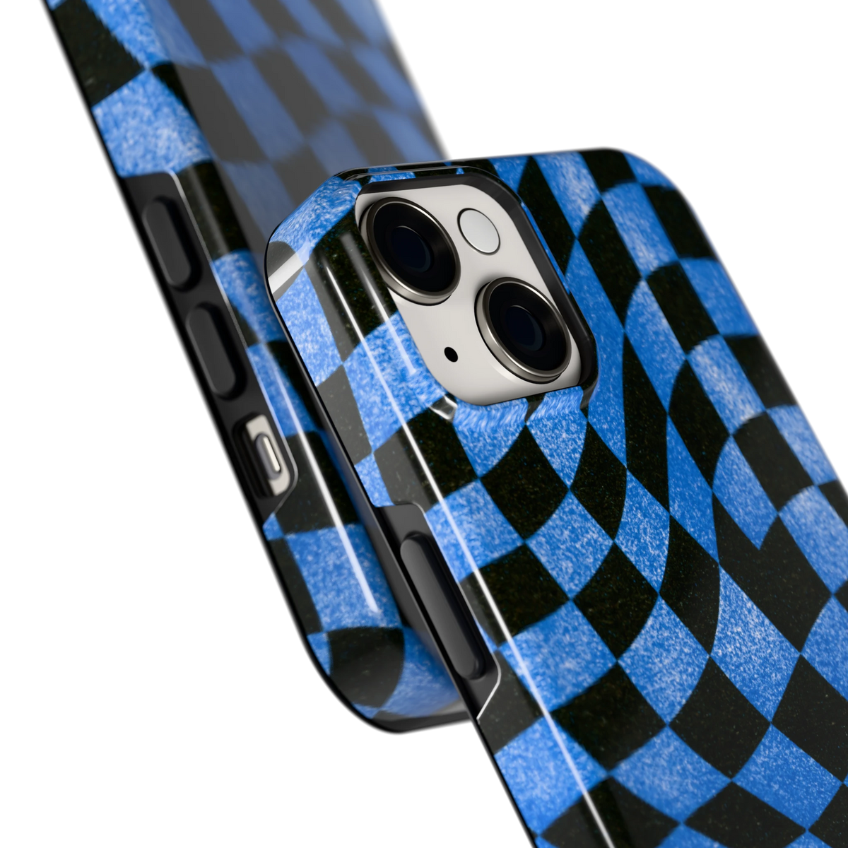 Golvend blauw dambord hoesje voor iPhone 14, close-up