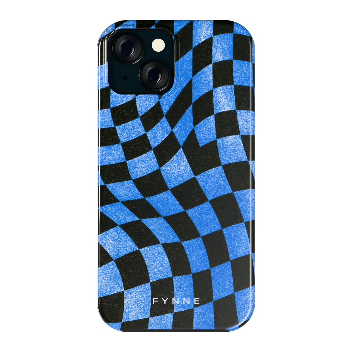Golvend blauw dambord hoesje voor iPhone 15, achterkant