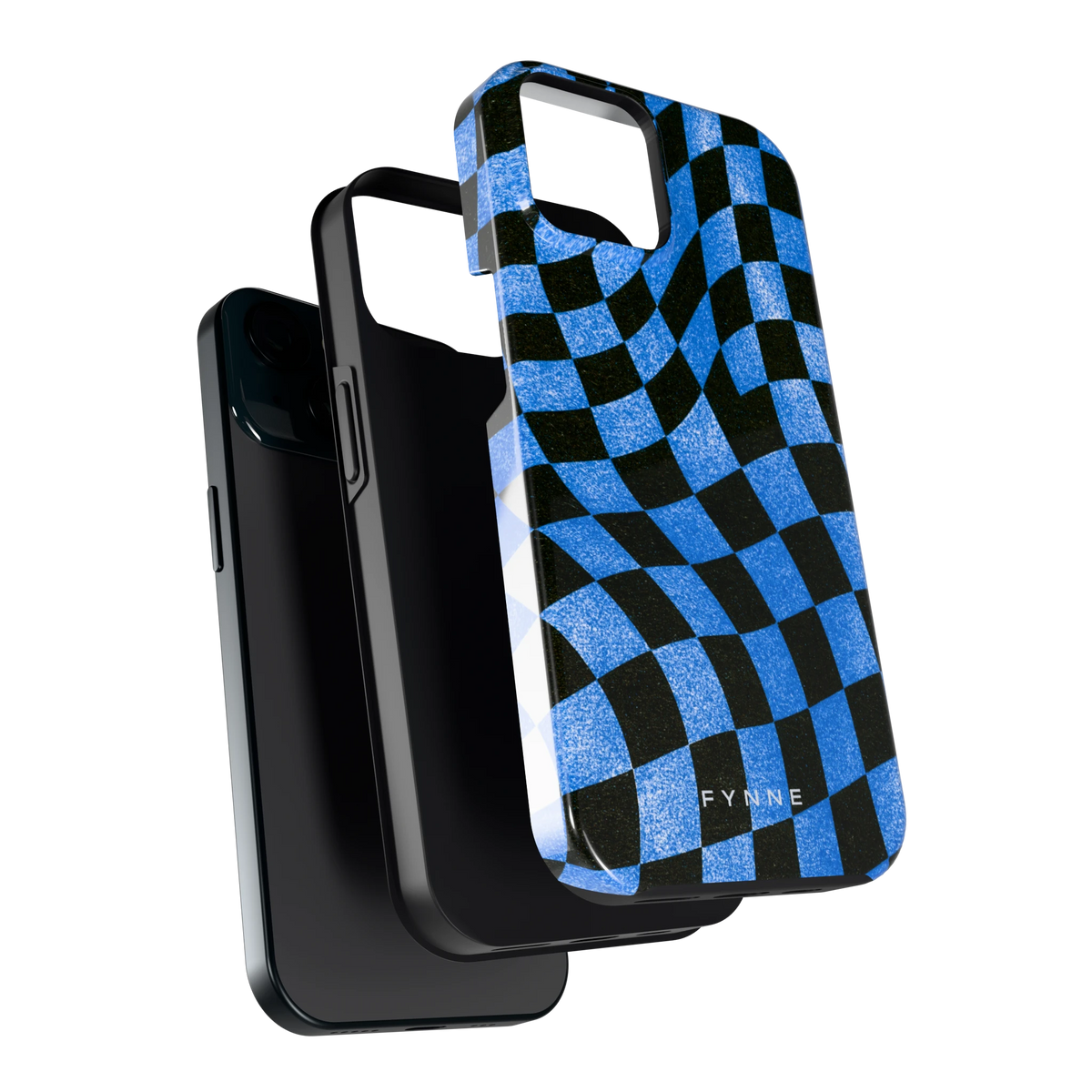 Golvend blauw dambord hoesje voor iPhone 15, los van de telefoon