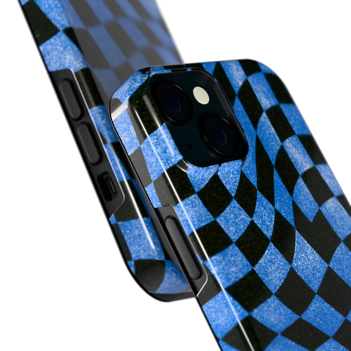 Golvend blauw dambord hoesje voor iPhone 15, close-up