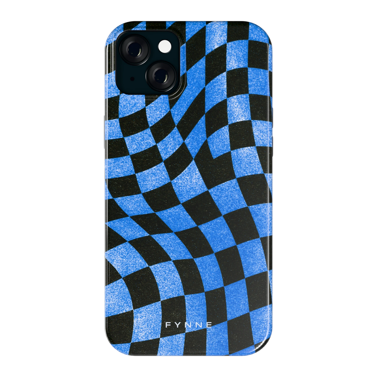 Golvend blauw dambord hoesje voor iPhone 15 Plus, achterkant