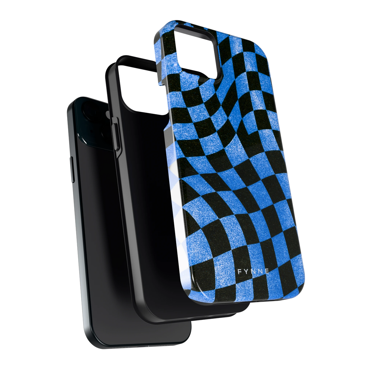 Golvend blauw dambord hoesje voor iPhone 15 Plus, los van de telefoon