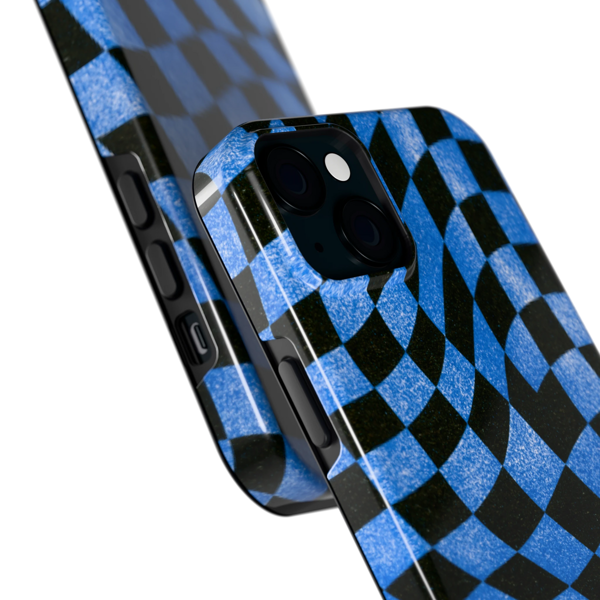 Golvend blauw dambord hoesje voor iPhone 15 Plus, close-up