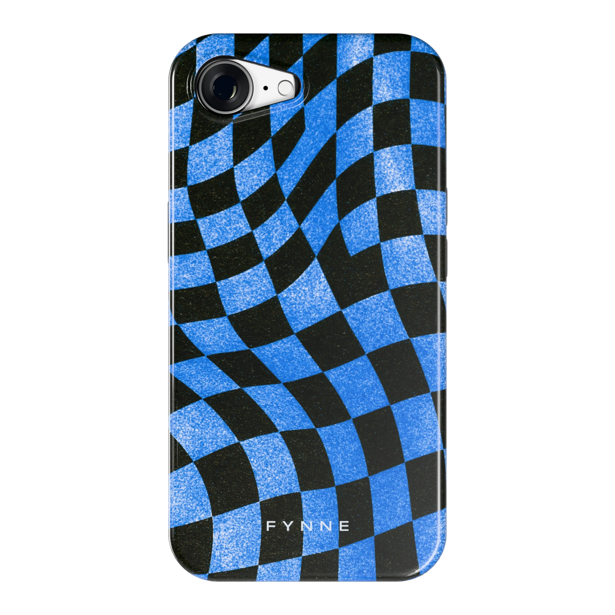 Golvend blauw dambord hoesje voor iPhone 16e, achterkant