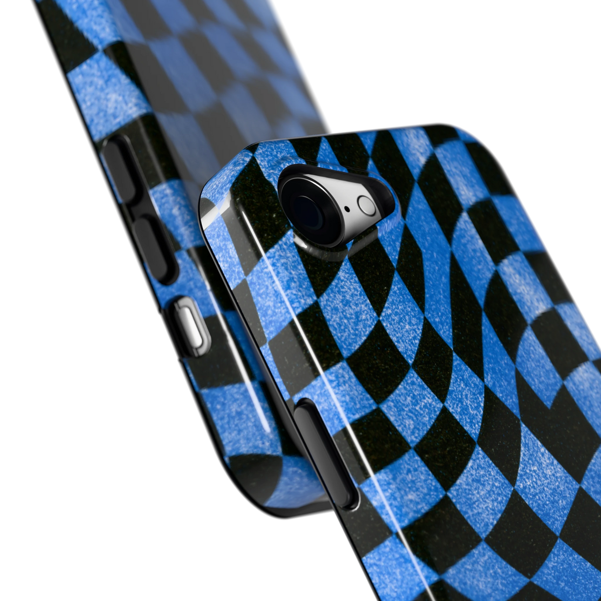 Golvend blauw dambord hoesje voor iPhone 16e, close-up