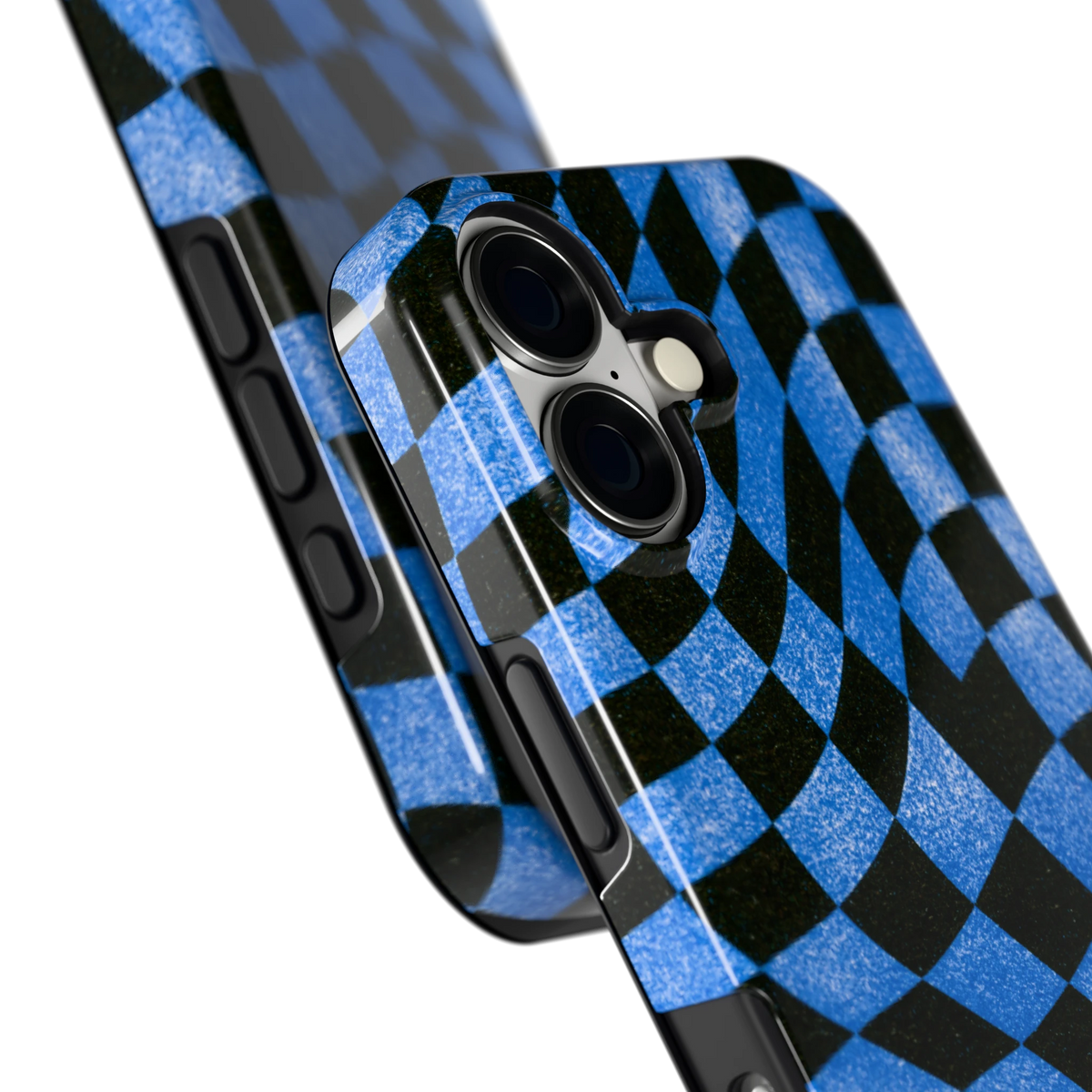 Golvend blauw dambord hoesje voor iPhone 17, close-up