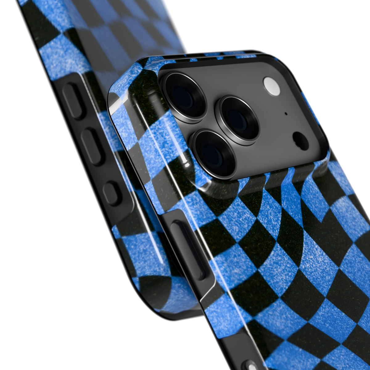 Golvend blauw dambord hoesje voor iPhone 18 Pro, close-up