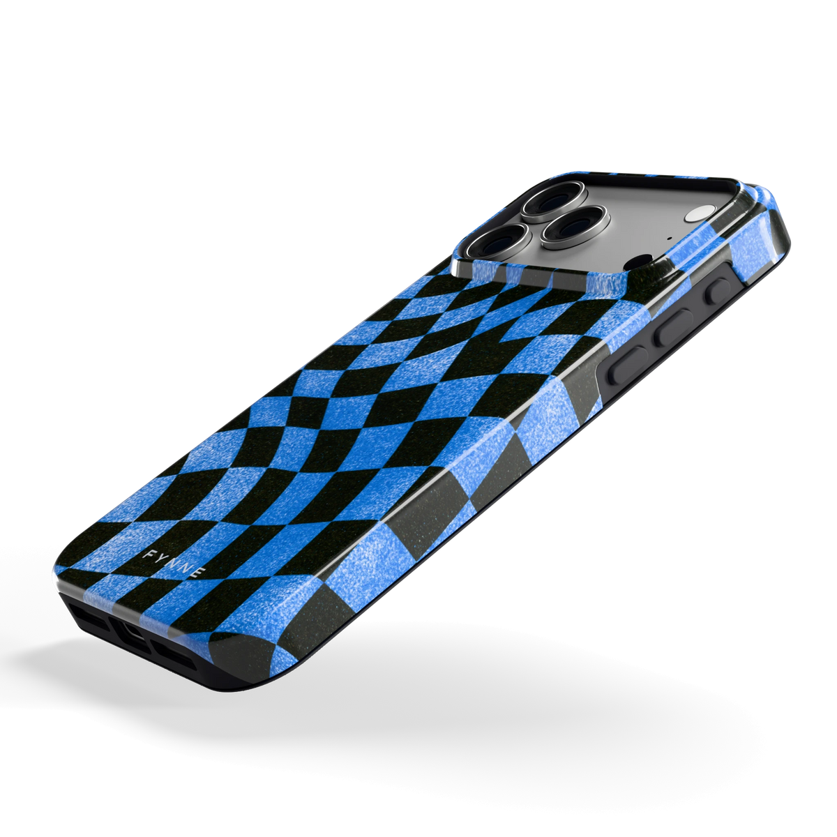Golvend blauw dambord hoesje voor iPhone 18 Pro Max, schuin