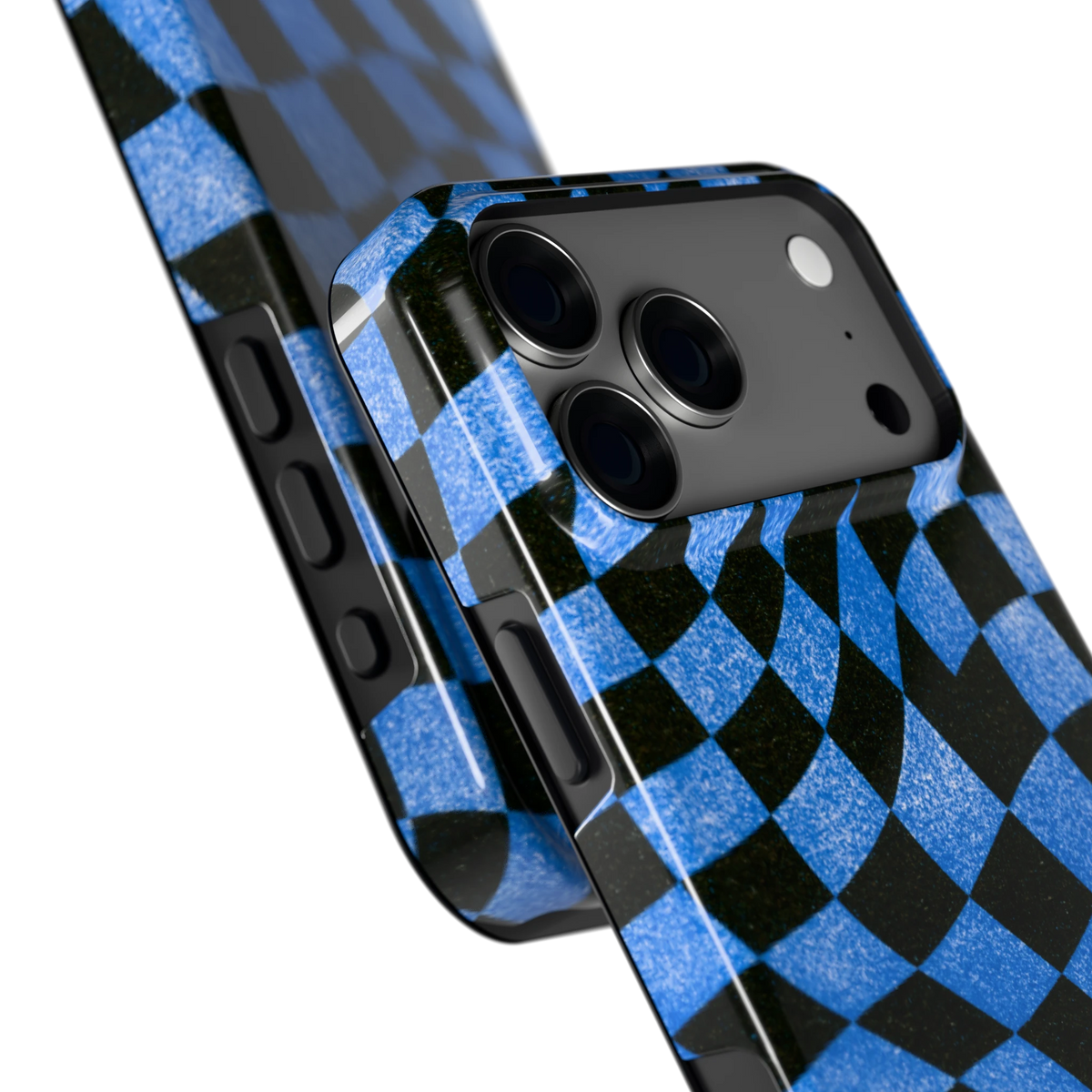 Golvend blauw dambord hoesje voor iPhone 18 Pro Max, close-up