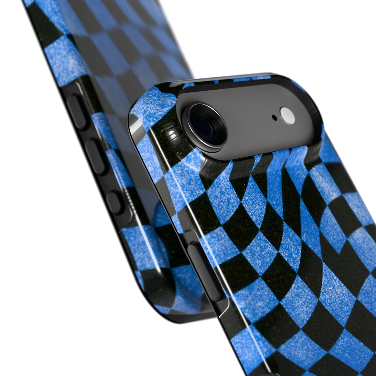 Golvend blauw dambord hoesje voor iPhone Air, close-up
