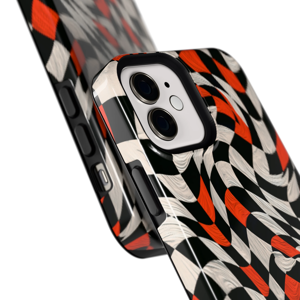Kronkelend dambord hoesje voor iPhone 12, close-up