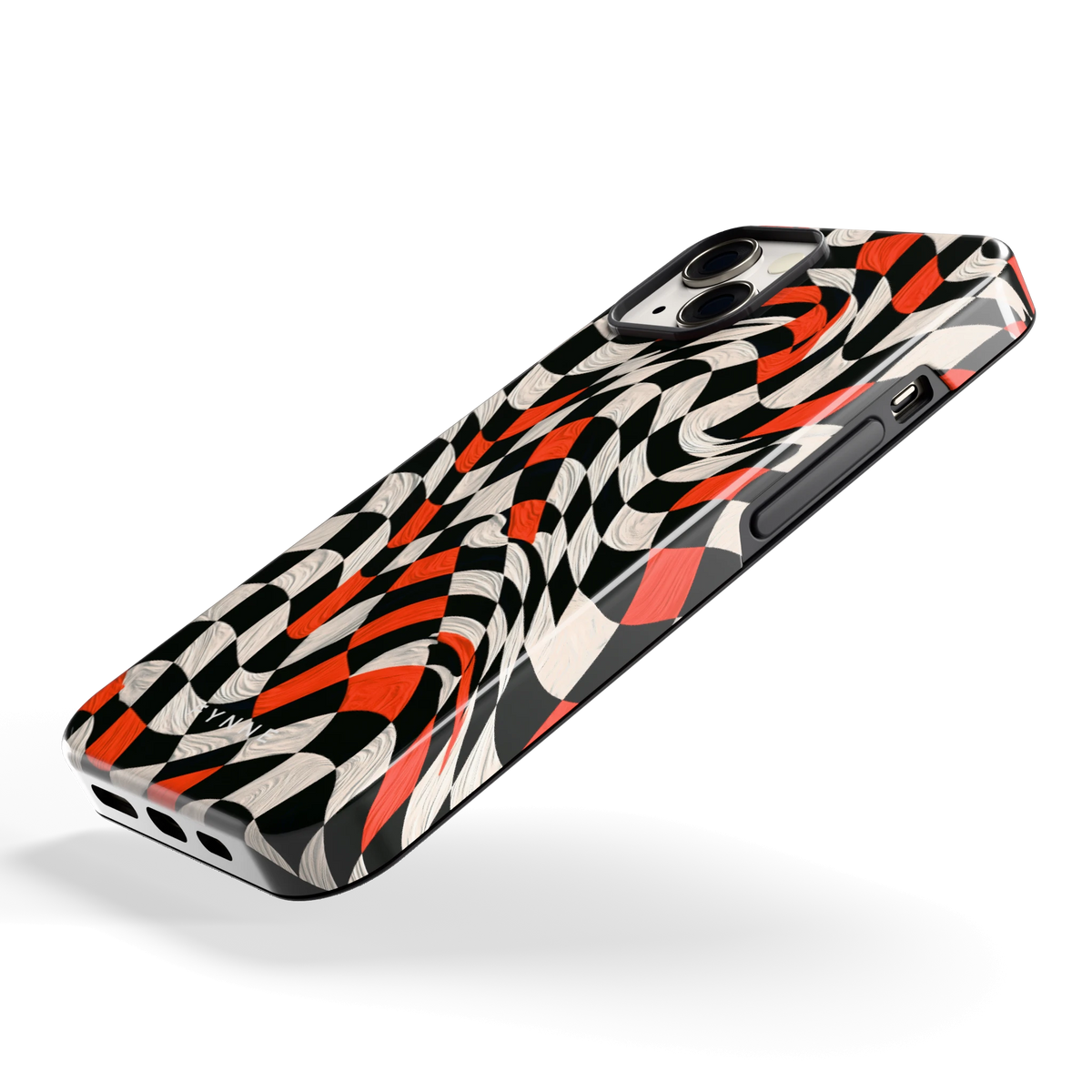 Kronkelend dambord hoesje voor iPhone 13, schuin