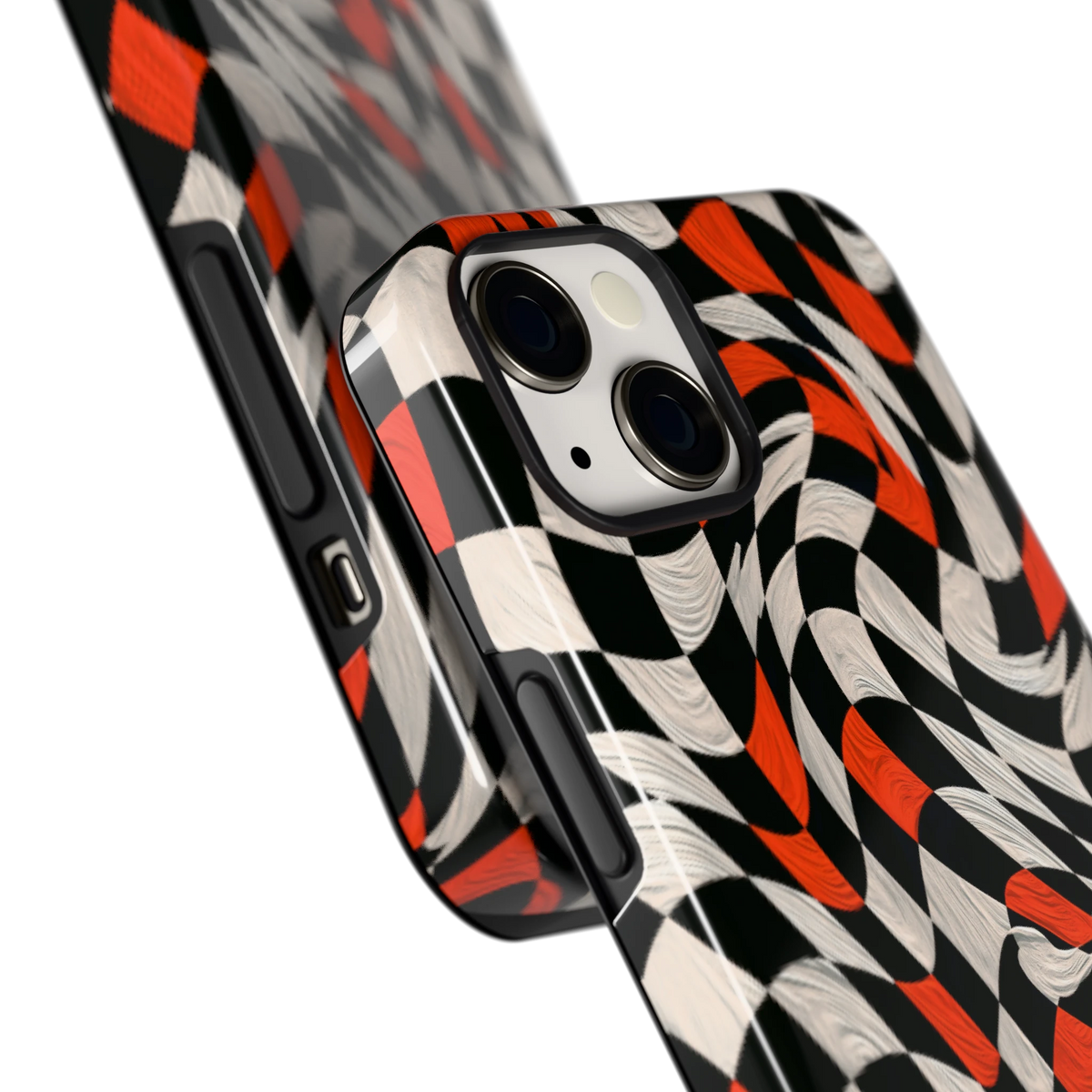 Kronkelend dambord hoesje voor iPhone 13, close-up