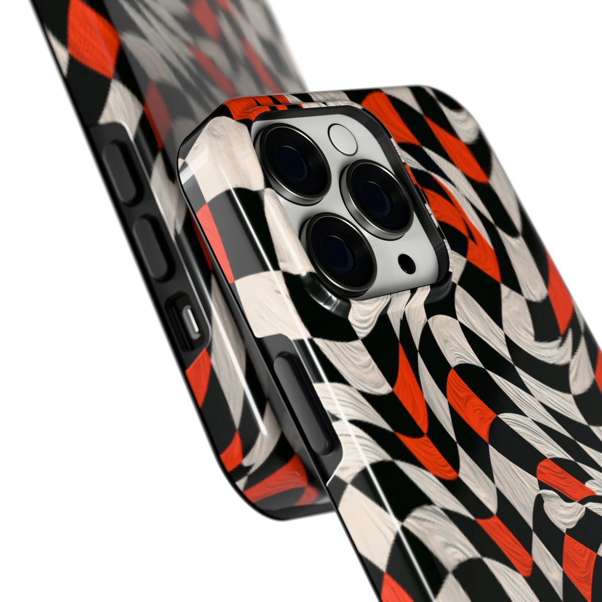 Kronkelend dambord hoesje voor iPhone 13 Pro, close-up