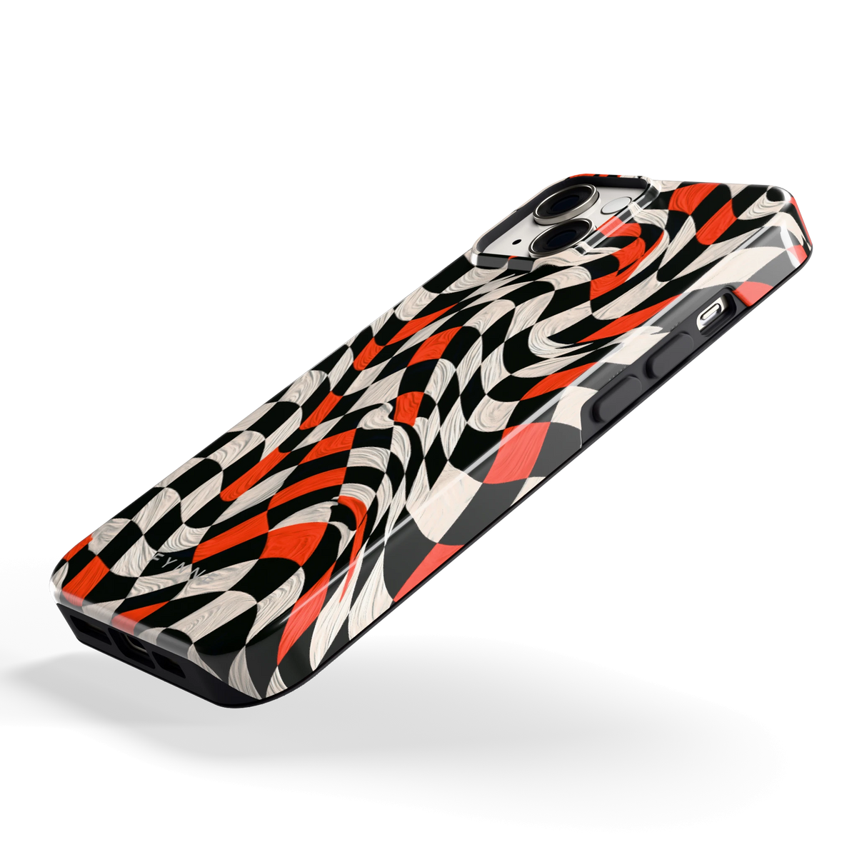 Kronkelend dambord hoesje voor iPhone 14, schuin