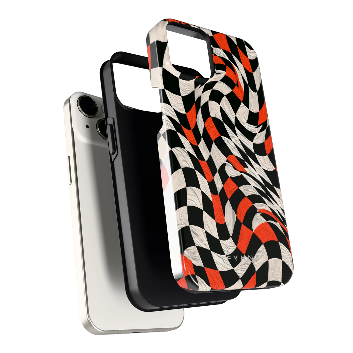 Kronkelend dambord hoesje voor iPhone 14, los van de telefoon