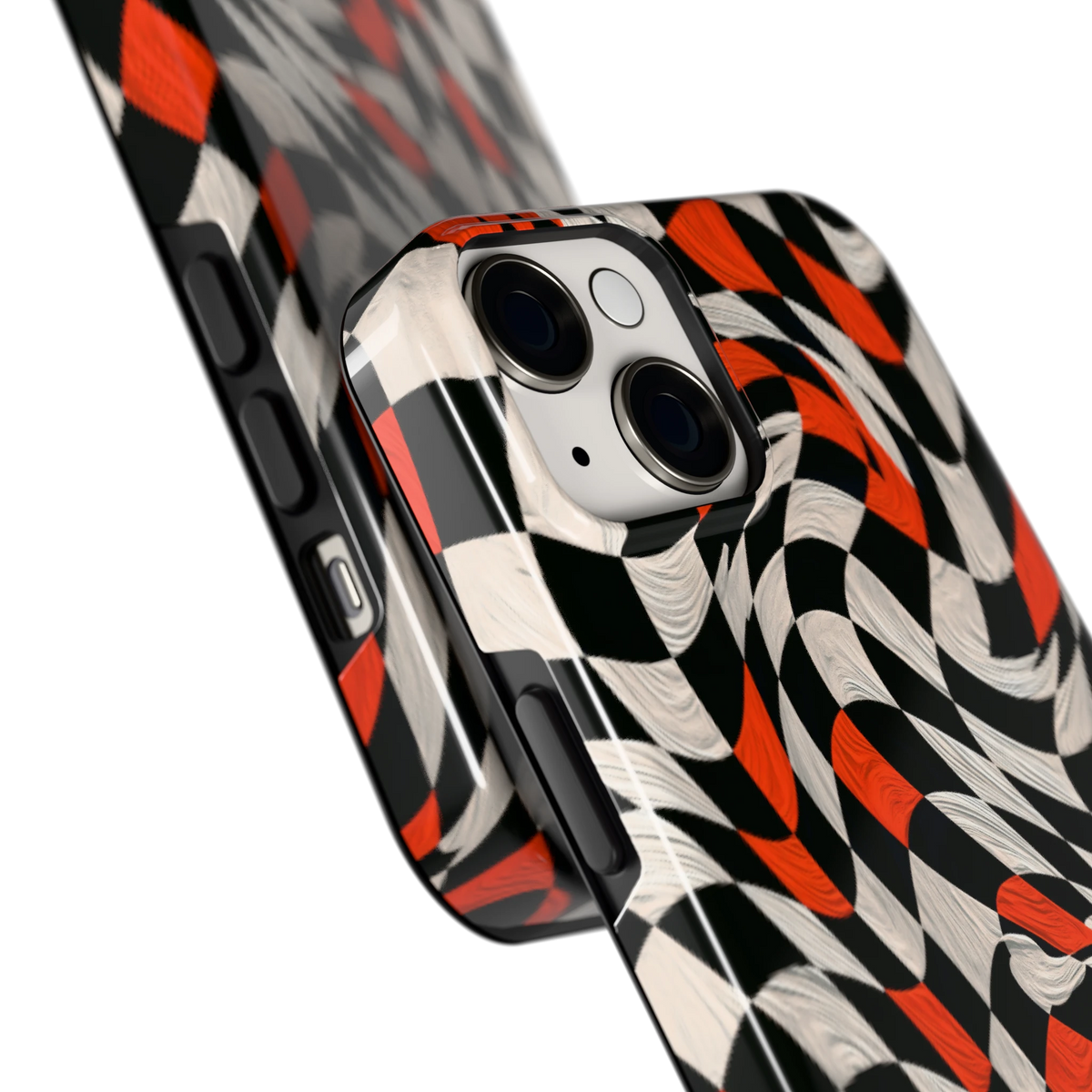 Kronkelend dambord hoesje voor iPhone 14, close-up