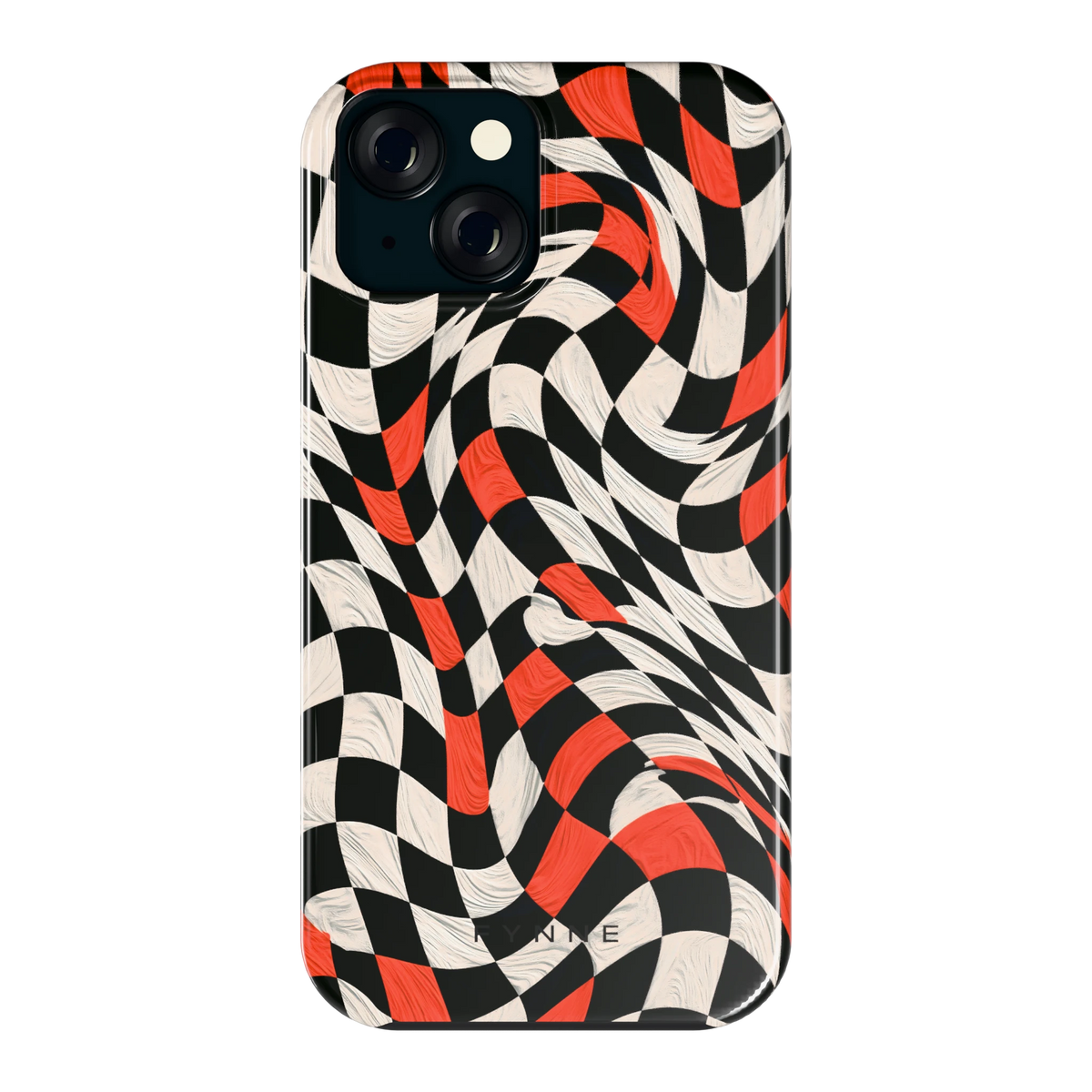 Kronkelend dambord hoesje voor iPhone 15, achterkant