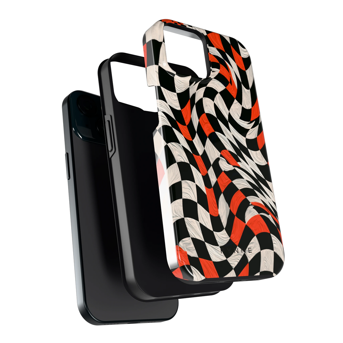 Kronkelend dambord hoesje voor iPhone 15, los van de telefoon