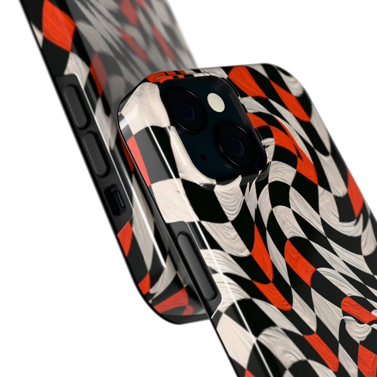 Kronkelend dambord hoesje voor iPhone 15, close-up