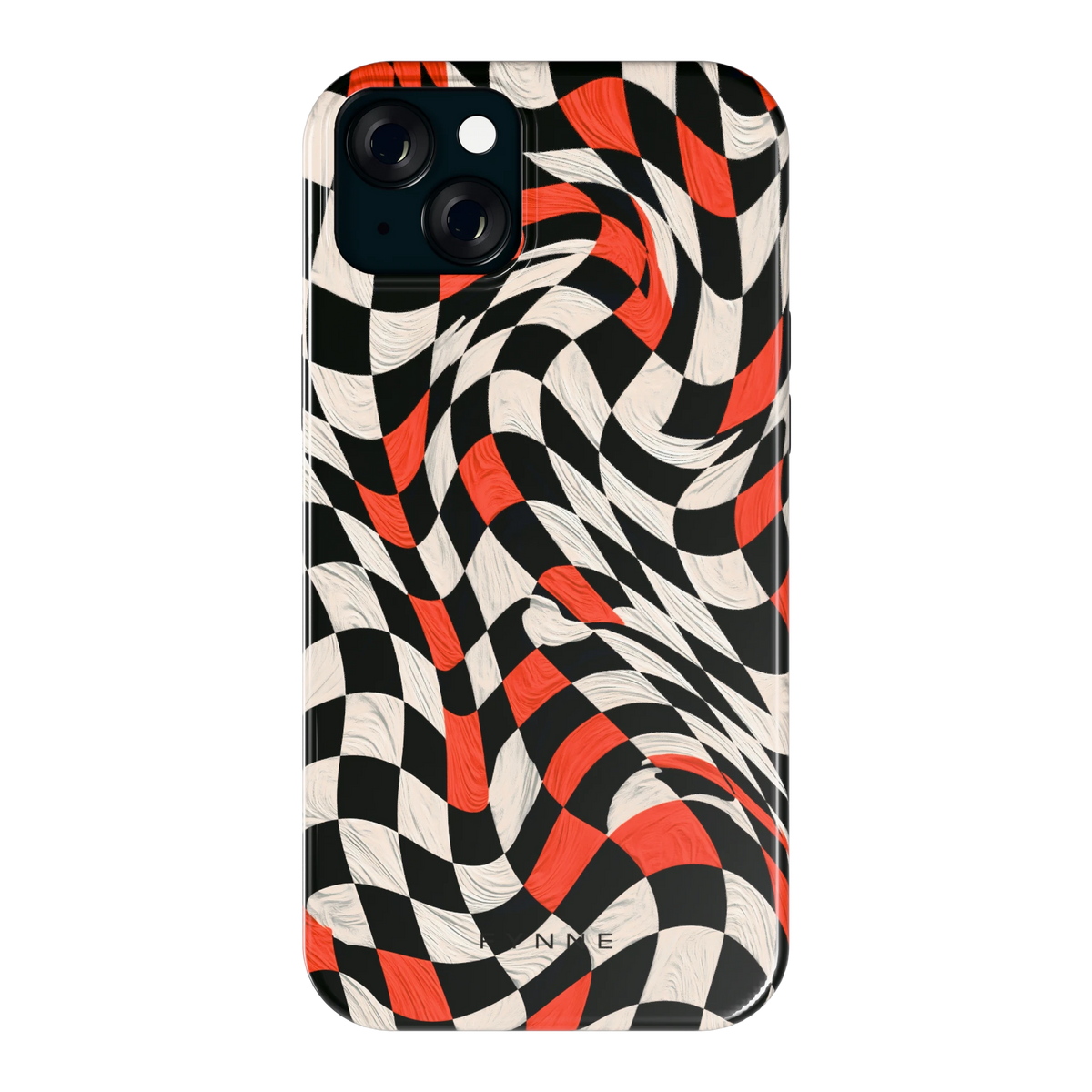 Kronkelend dambord hoesje voor iPhone 15 Plus, achterkant