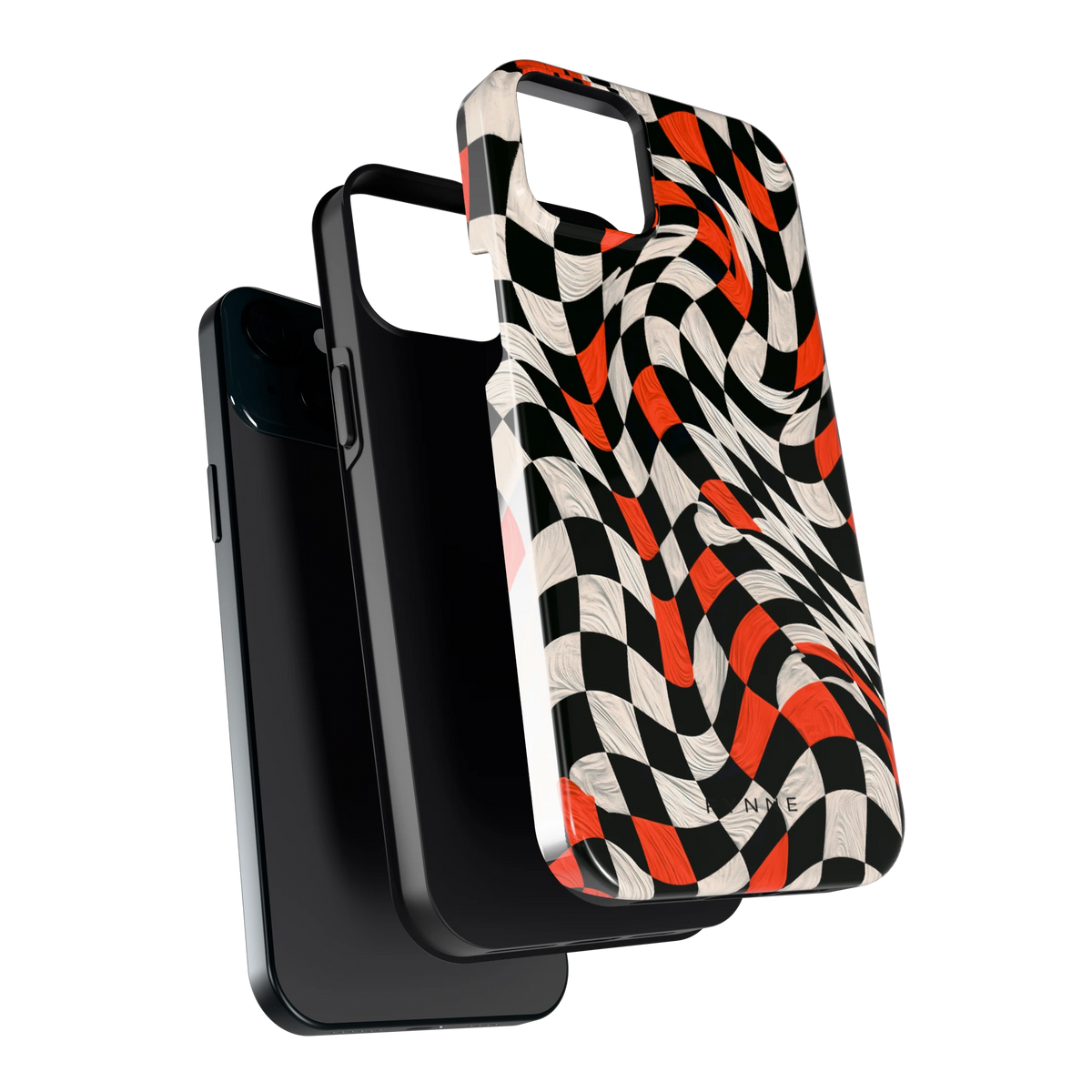 Kronkelend dambord hoesje voor iPhone 15 Plus, los van de telefoon