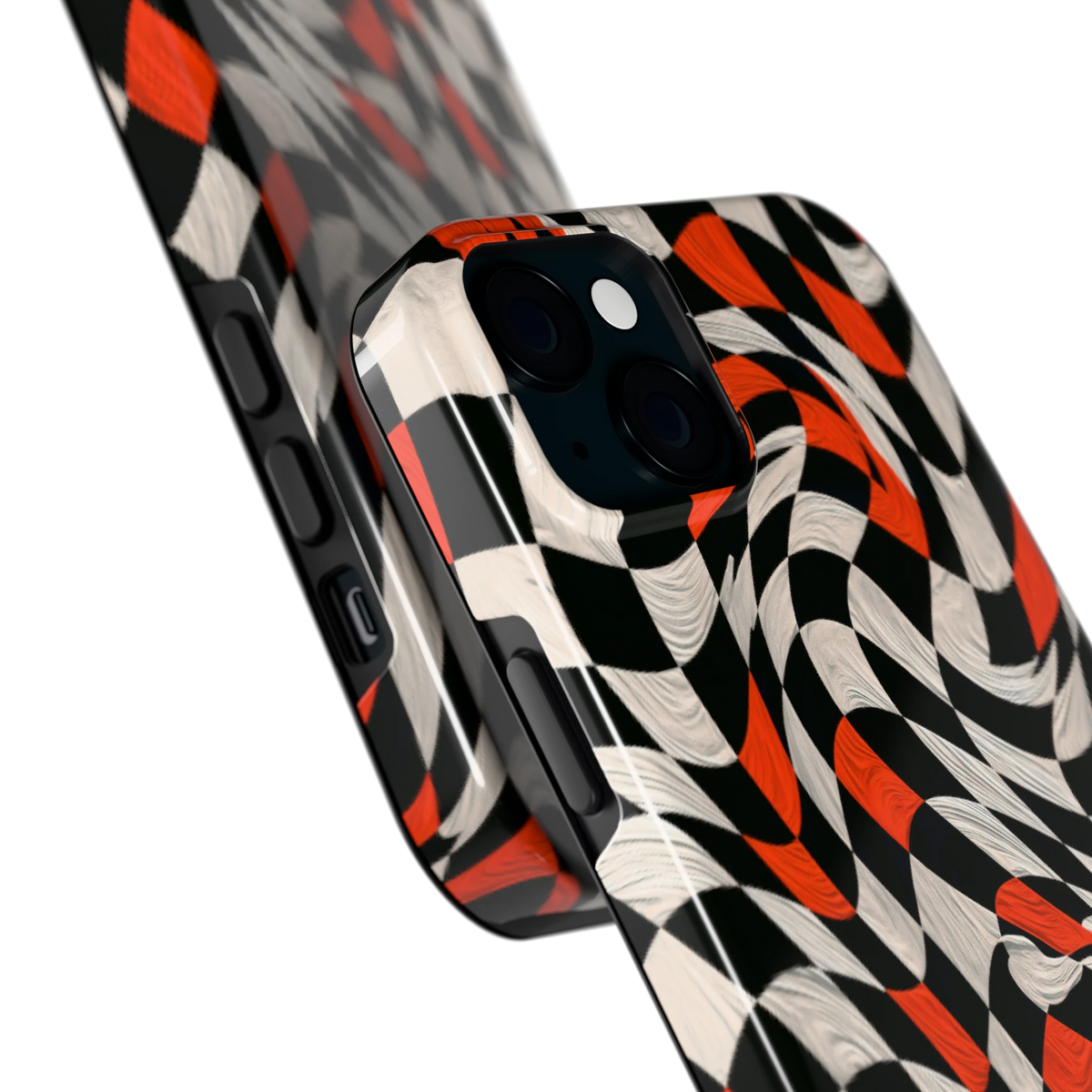 Kronkelend dambord hoesje voor iPhone 15 Plus, close-up