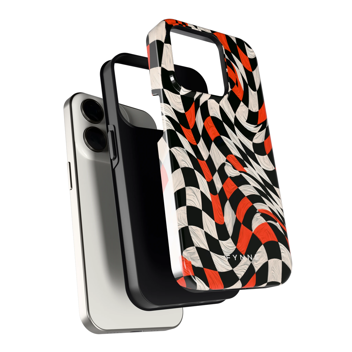 Kronkelend dambord hoesje voor iPhone 15 Pro, los van de telefoon
