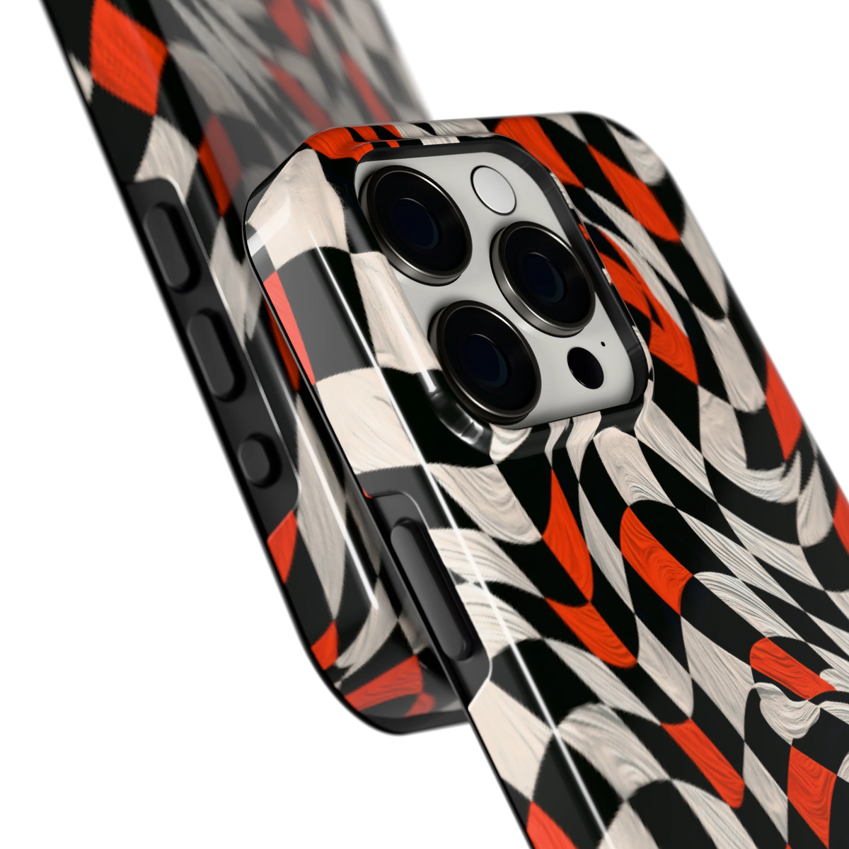 Kronkelend dambord hoesje voor iPhone 15 Pro, close-up