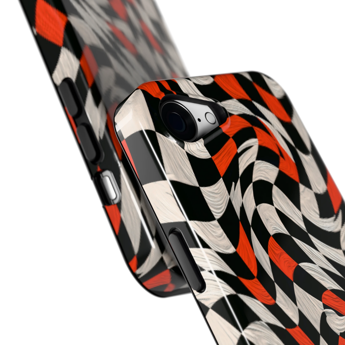 Kronkelend dambord hoesje voor iPhone 16e, close-up